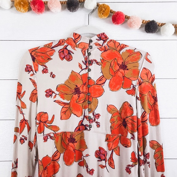 Free People •Orange Floral Mock Neck Chocolate Top - Picture 7 of 8